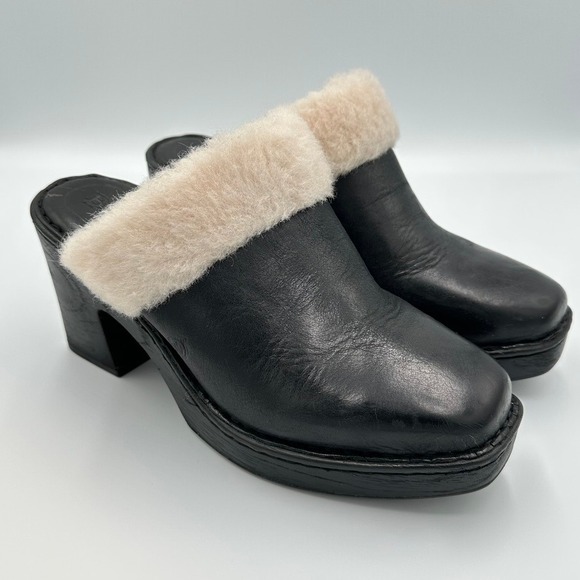Born Black Leather Boho Mules Clogs Platform Heel Shoes Fur Trim Women's Size 9 - Picture 1 of 8
